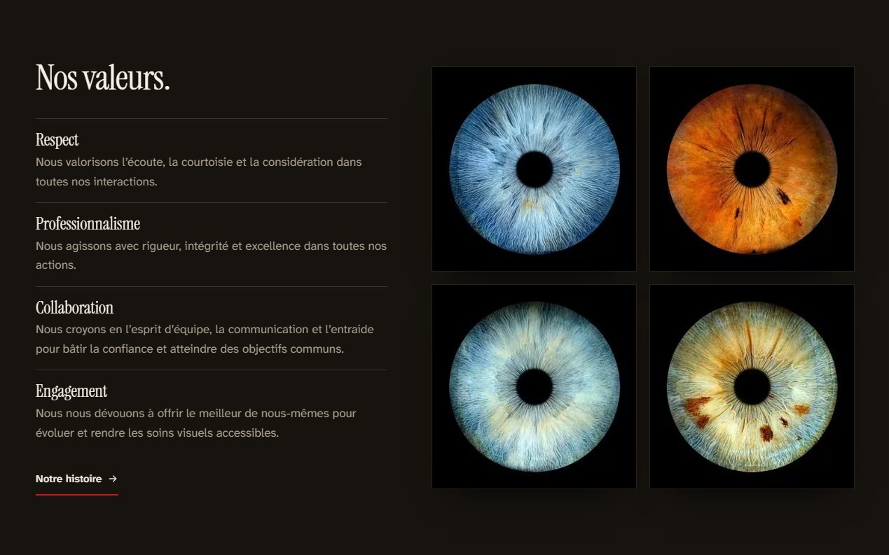 Section « Nos valeurs » du site : respect, professionnalisme, collaboration et engagement, à côté de quatre iris photographiés en gros plan