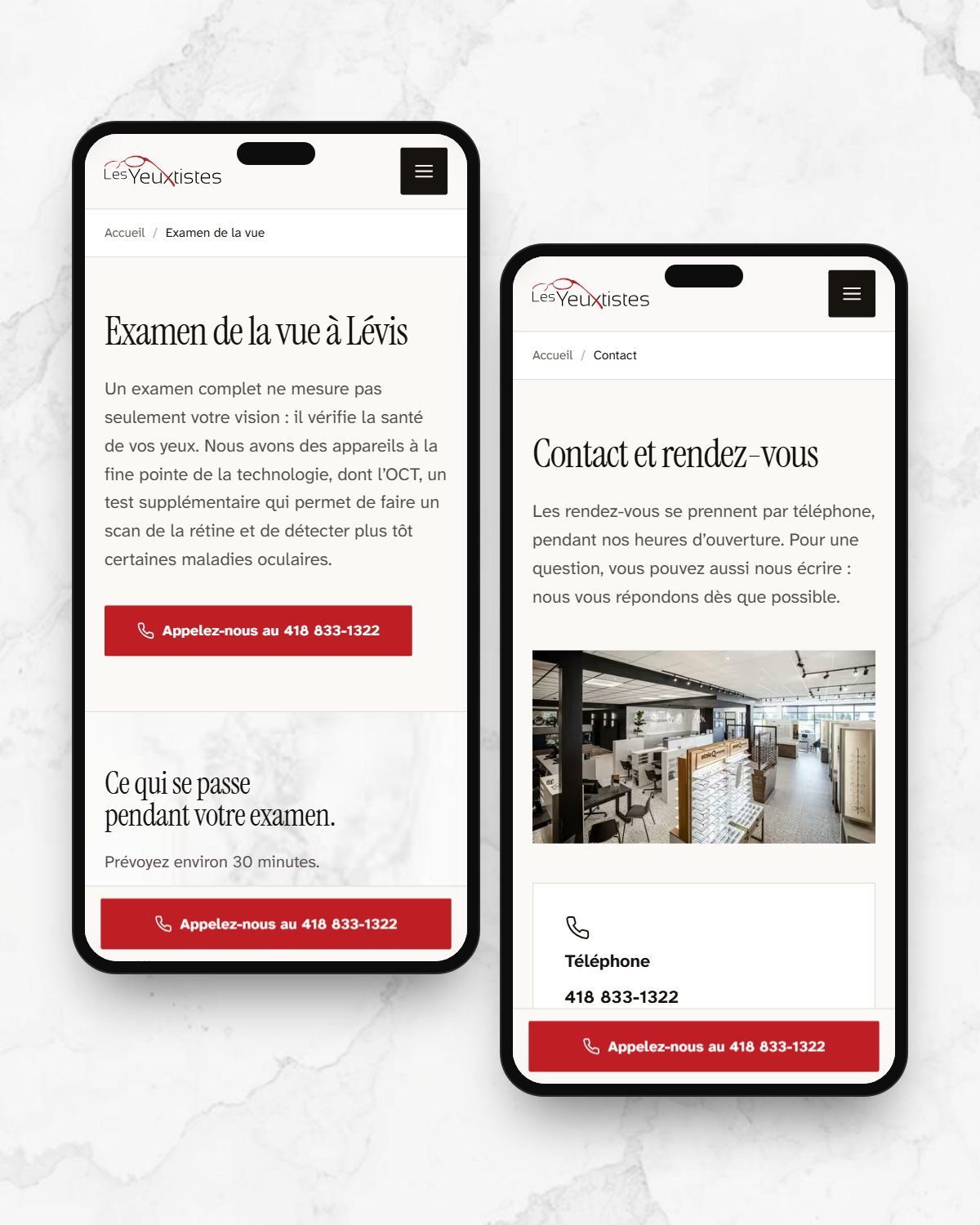 Deux pages du site sur des téléphones : l’examen de la vue et la page de contact, chacune avec le bouton « Appelez-nous au 418 833-1322 » en bas de l’écran