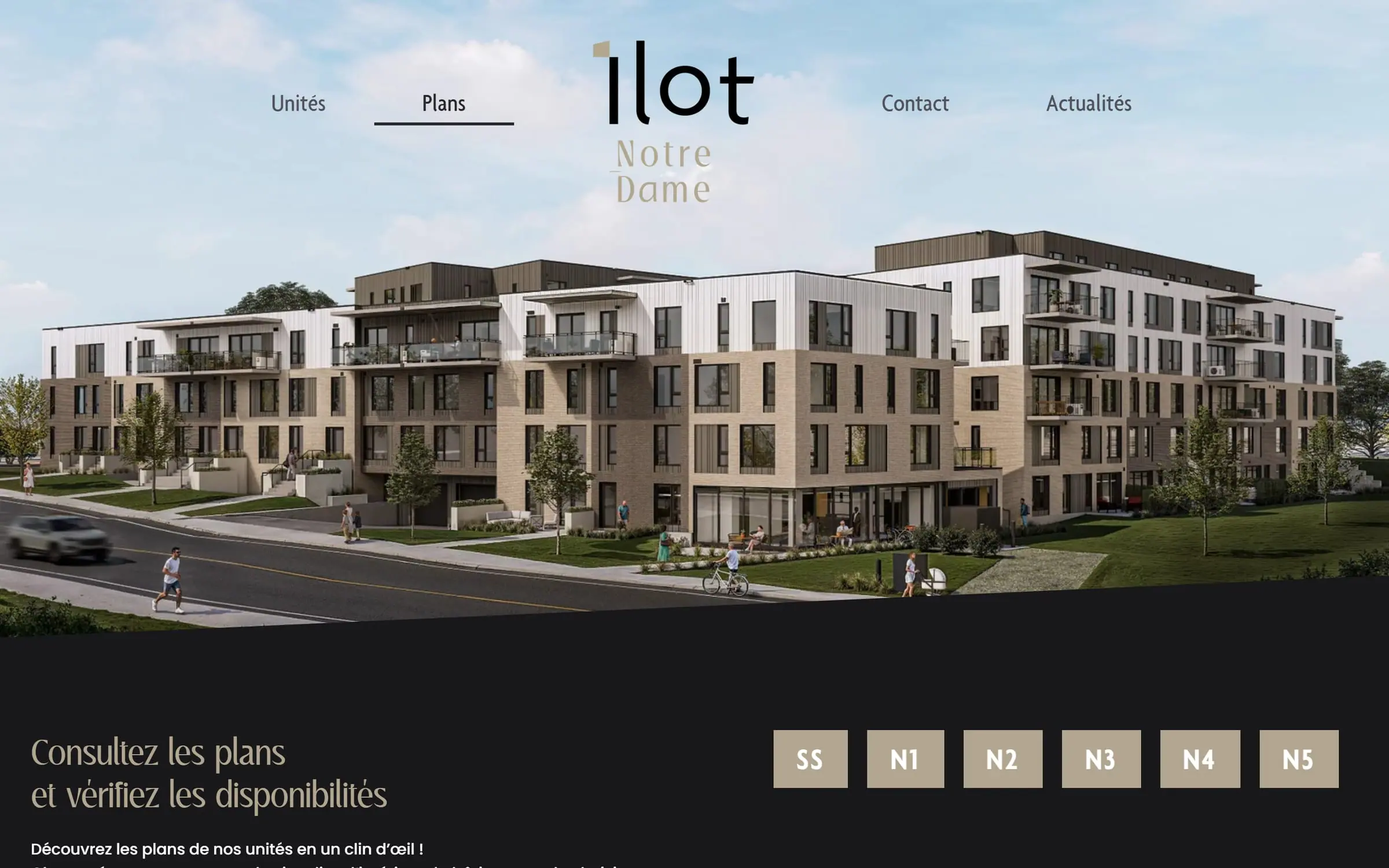 Rendu d’architecte de l’immeuble en tête de la page des plans, avec les boutons de sélection d’étage SS à N5
